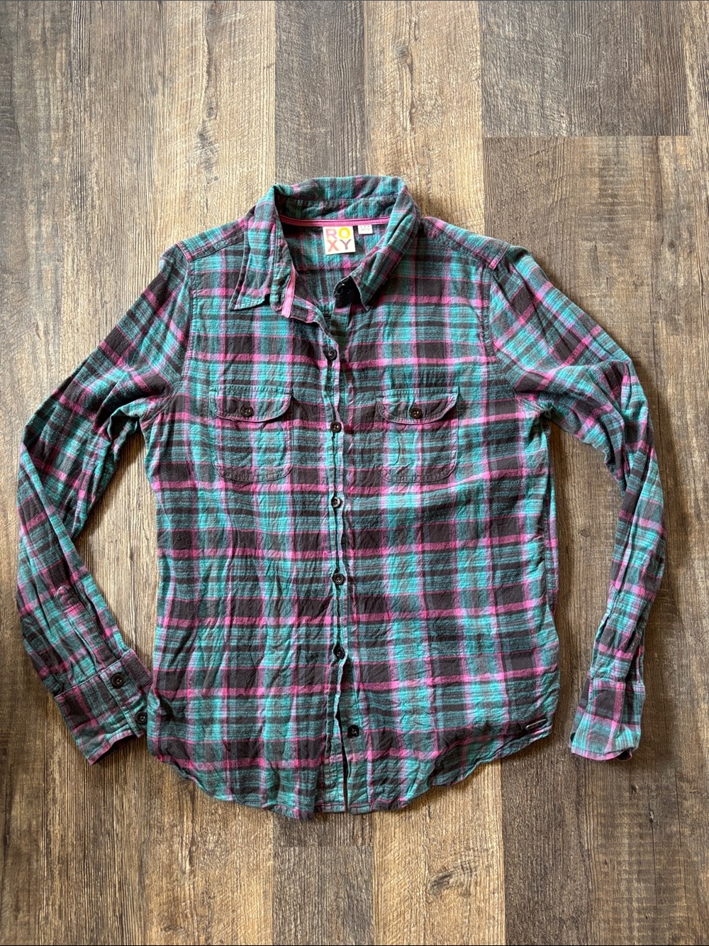 Roxy Teal & Pink Plaid Button-Down Shirt lightweight flannel vintage large women